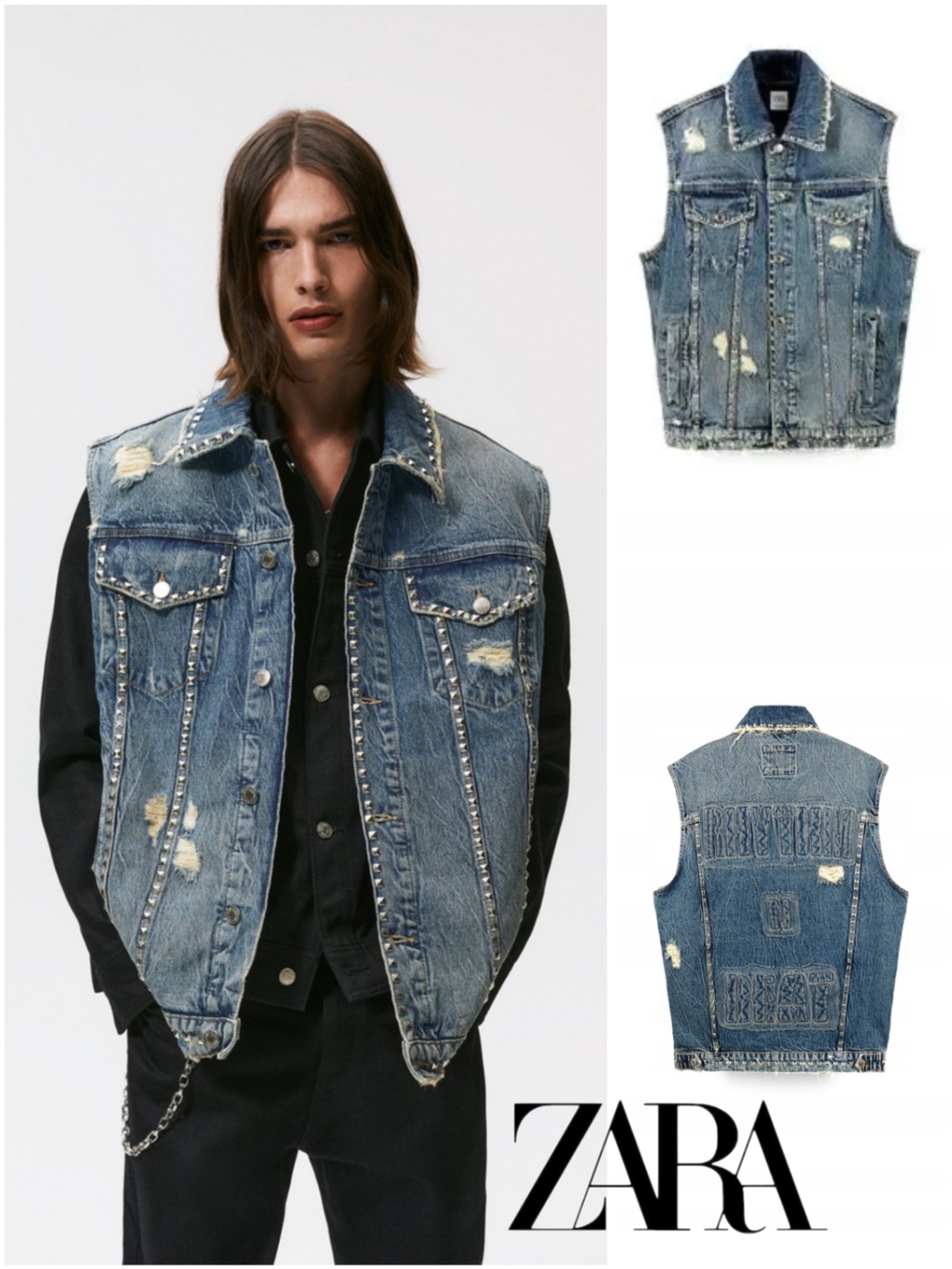 Джинсовий оверсайз жилет ZARA denim s-m mex 38-40 денім синій з заклепками гранж рок стиль