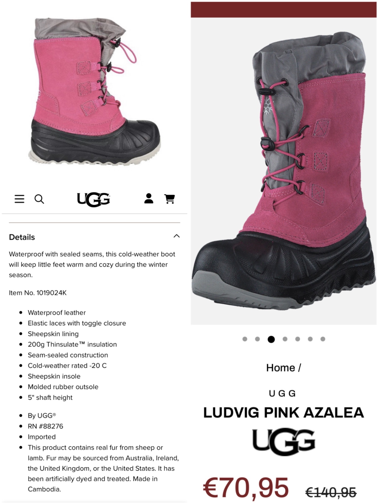 UGG ludvig pink azalea снігоходи 26 16 см barefoot waterproof сноубутси