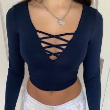 SHEIN стильний кроп-лонгслів зі шнурівкою на грудях shein l-xl еластичний кежуал сексуальний темно-синій наві