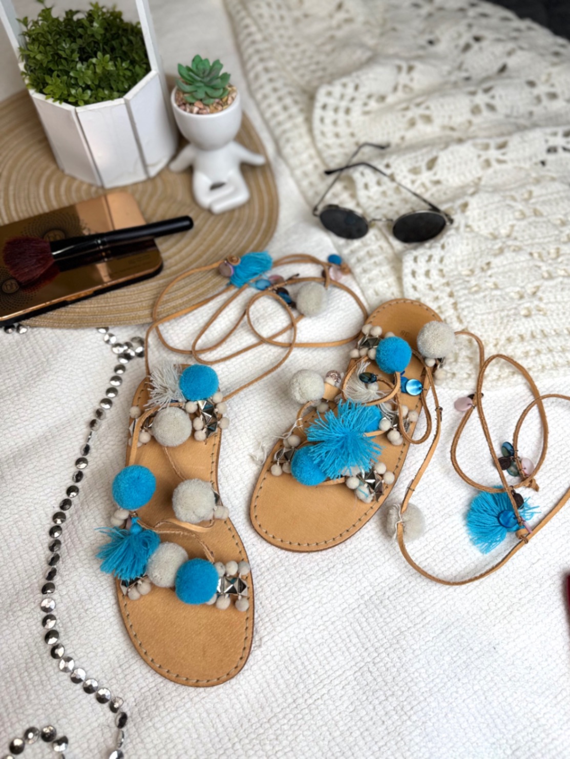 Сандалі Boho з помпонами ручної роботи шкіра р 38 25 см бохо Греція