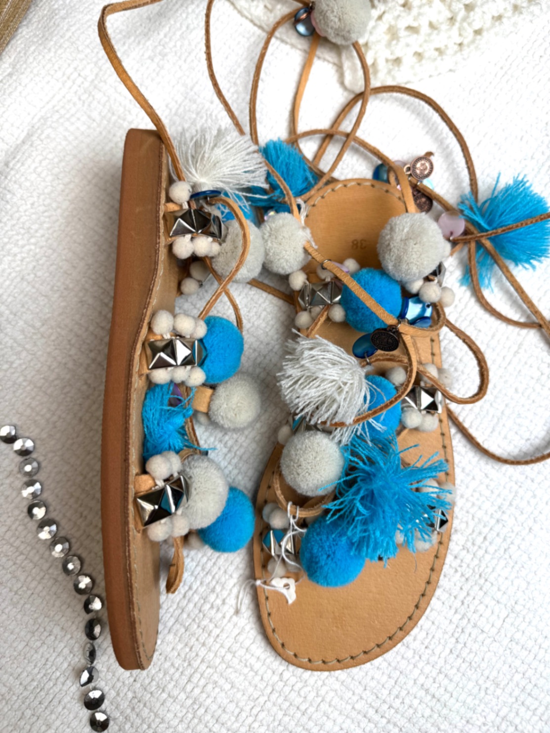 Сандалі Boho з помпонами ручної роботи шкіра р 38 25 см бохо Греція